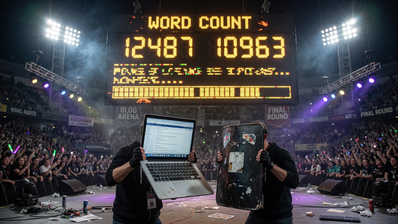 Two black-hooded bloggers face off in a packed indoor arena: one holds an open laptop like a shield, the other a sticker-covered riot shield, under a jumbotron reading WORD COUNT 12487 vs 10963 with BLOG ARENA and FINAL ROUND banners.