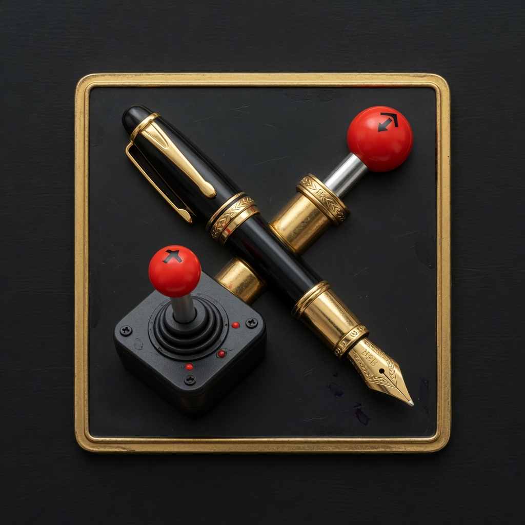 Gold-framed black plaque showing a black-and-gold fountain pen crossed with a red-ball arcade joystick, the house crest of Bloggers Compete.